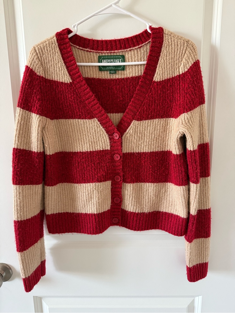 American Eagle Outfitters Red & Beige Striped V-Neck Button Cardigan